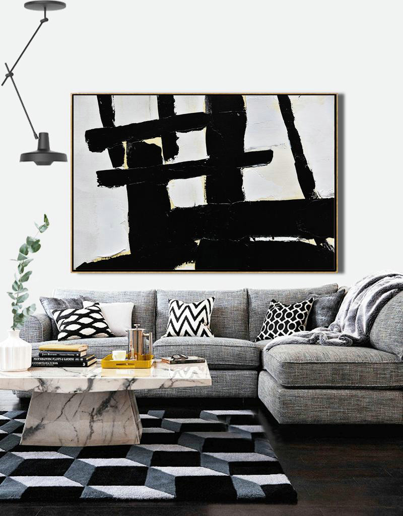 Huge Abstract Canvas Art,Horizontal Palette Knife Minimal Canvas Art Painting Black White Beige - Modern Art Abstract Painting